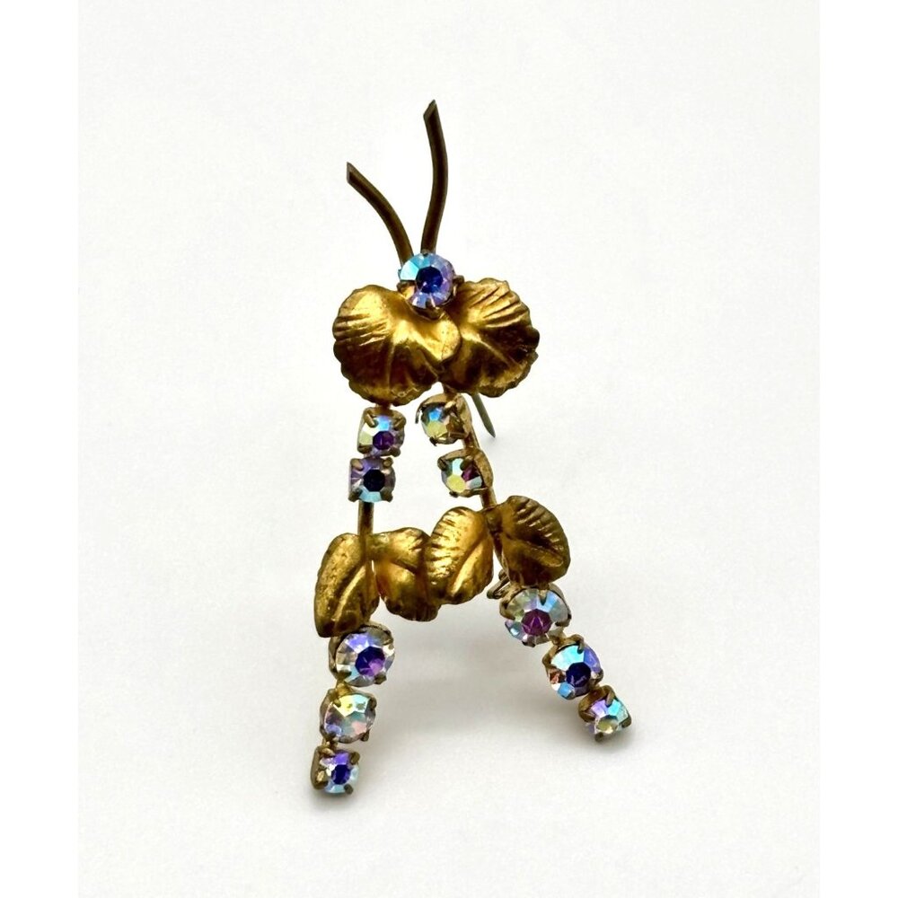 Vintage Aurora Borealis Floral Spray Brooch Gold Tone Metal 1960s/1970s Unmarked